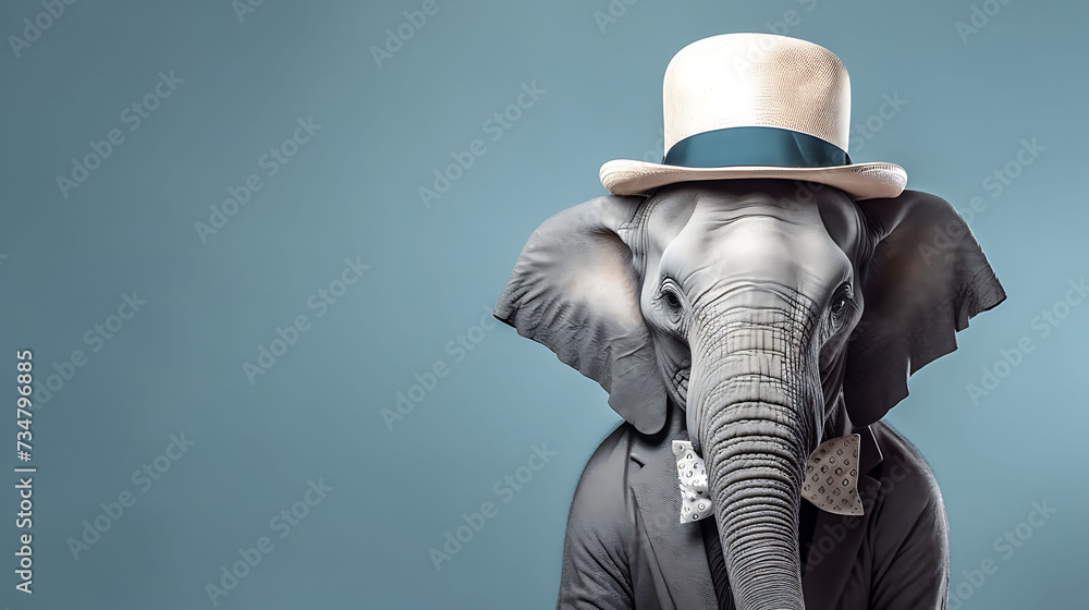 Portrait of a funny elephant with a blank banner. Copy-space