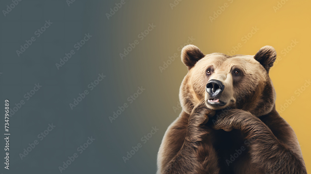 Portrait of a funny grizzly bear with a blank banner. Copy-space - obrazy, fototapety, plakaty 