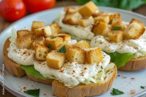 open sandwich with creamy spread and croutons