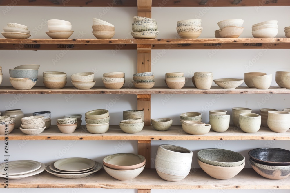 arranging handmade pottery on open kitchen shelves arranging handmade pottery on open kitchen shelves