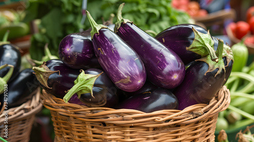 Fresh eggplants in a basket at a farmers market
