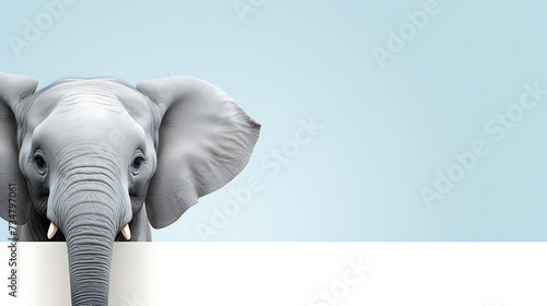 Portrait of a funny elephant with a blank banner. Copy-space