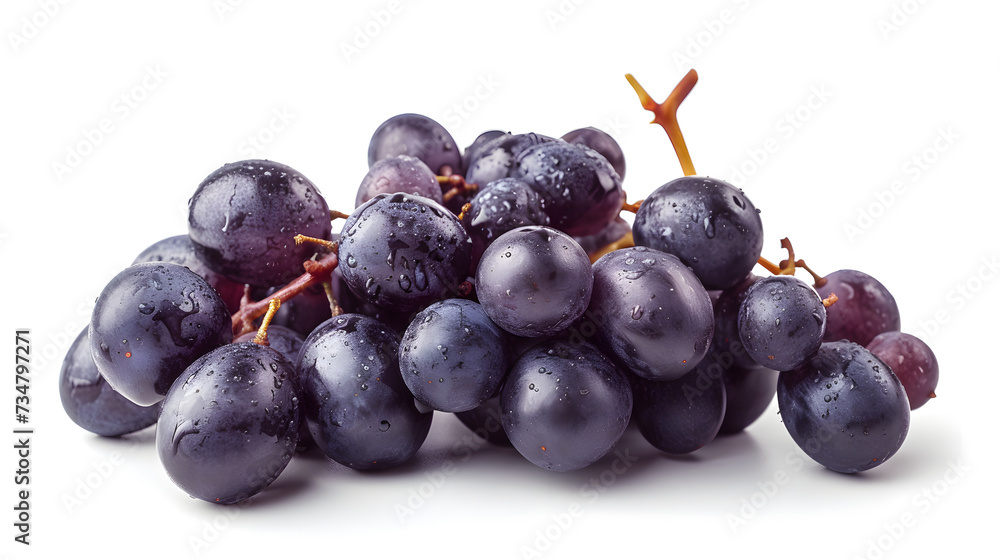 Fresh Black Grapes with Water Drops on White Background