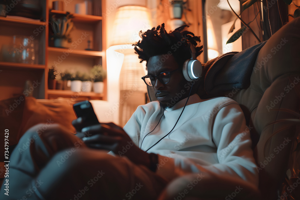 Joyful Beats: Smiling African Man Immersed in Mobile Music Bliss Joyful Beats: Smiling African Man Immersed in Mobile Music Bliss