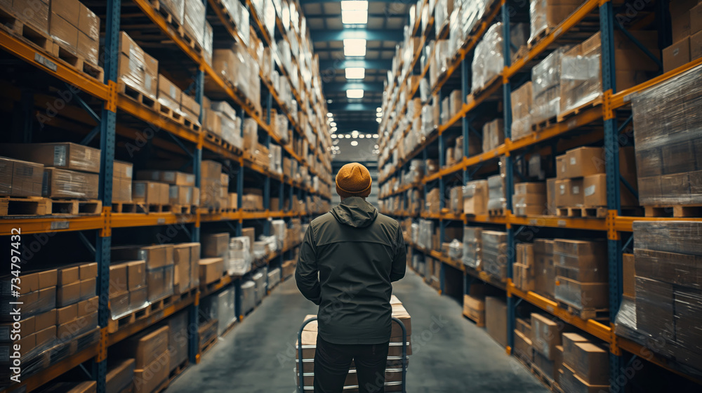 Interior of a modern warehouse of a retail or wholesale store. A man while working in a warehouse. Interior of a modern warehouse of a retail or wholesale store. A man while working in a warehouse.