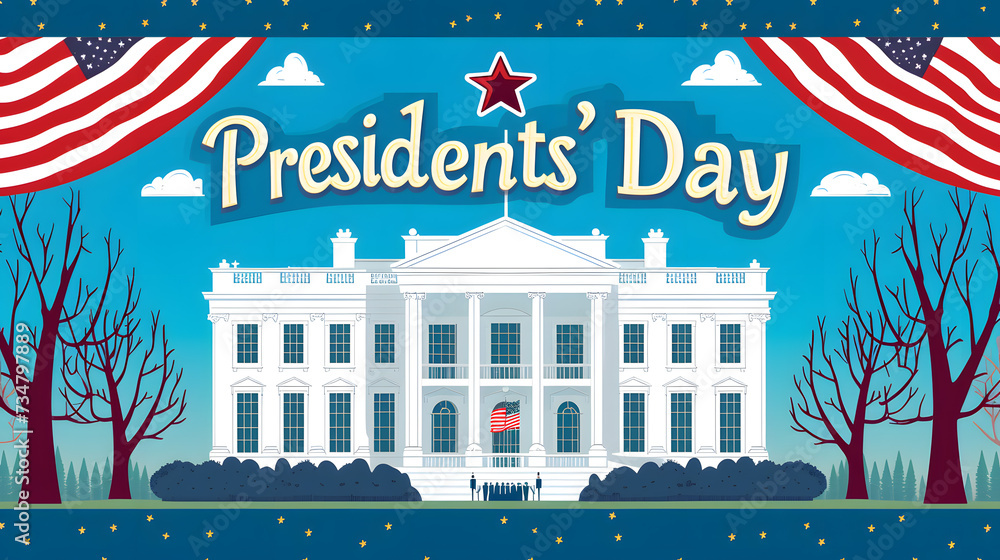 Presidents Day Celebration at the White House with American Flags and Stars
