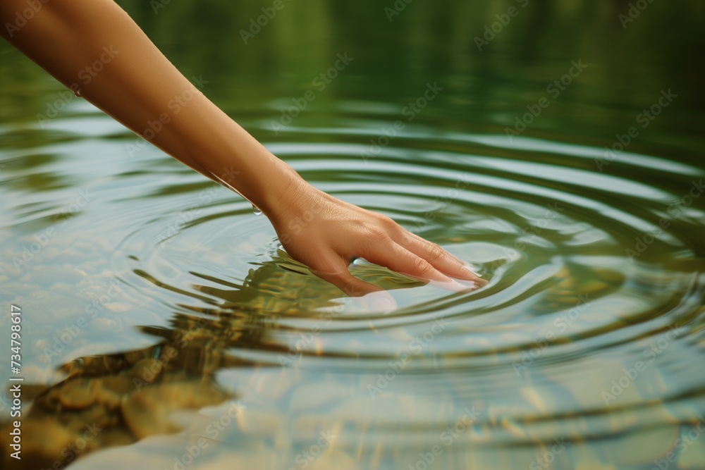 womans hand touching the surface of calm spring water womans hand touching the surface of calm spring water