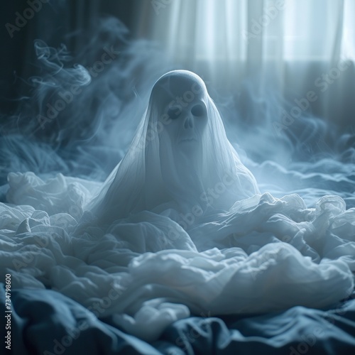 A ghost in bed that disturbs your sleep, a scary and terrifying appearance in your subconscious. Great for business, film, inspiration, horror etc. Generative AI