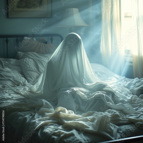A ghost in bed that disturbs your sleep, a scary and terrifying appearance in your subconscious. Great for business, film, inspiration, horror etc. Generative AI