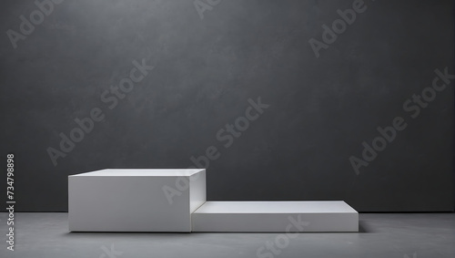 A white color object podium stand  crafted for showcasing sample products  against a grey background  offering a refined commercial display backdrop.