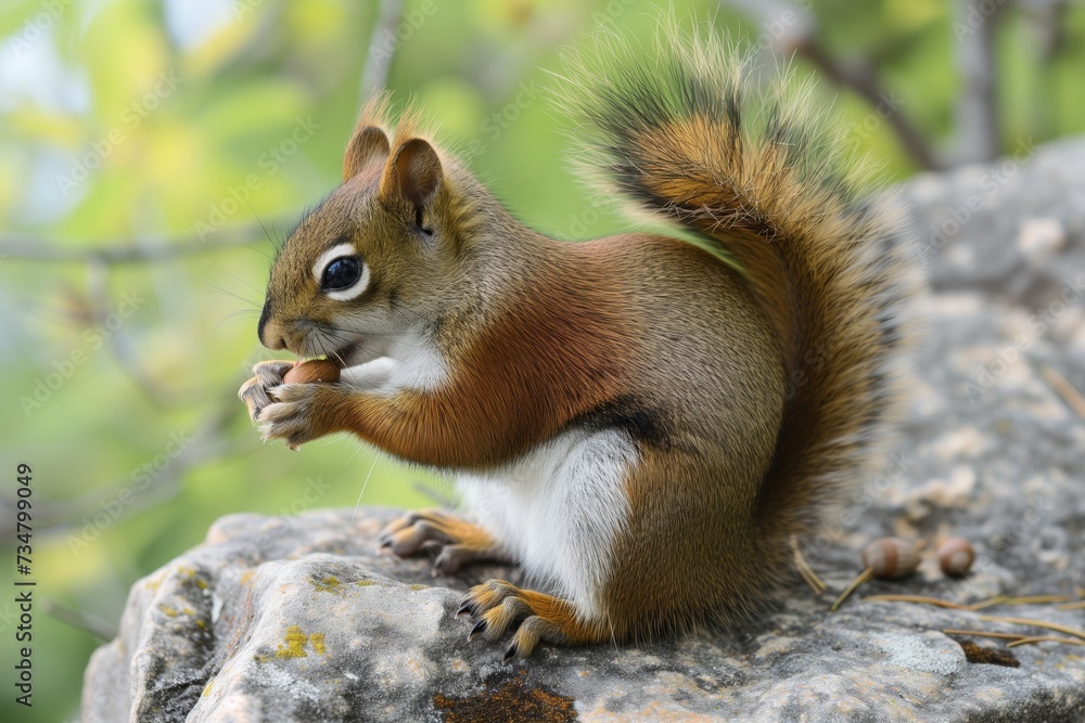 Fototapeta premium side view of squirrel eating pine nut on rock