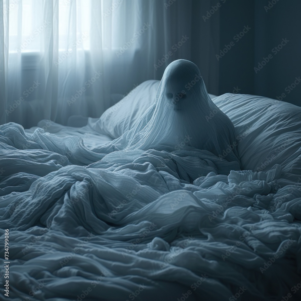 A ghost in bed that disturbs your sleep, a scary and terrifying appearance in your subconscious. Great for business, film, inspiration, horror etc. Generative AI A ghost in bed that disturbs your sleep, a scary and terrifying appearance in your subconscious. Great for business, film, inspiration, horror etc. Generative AI