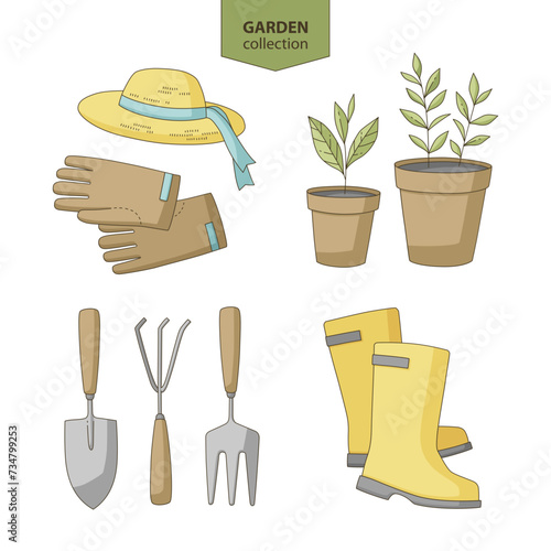 Collection of gardening objects, farm and agriculture concept. Garden tools, plants, supplies.
Set of colorful illustrations with dark outlines.