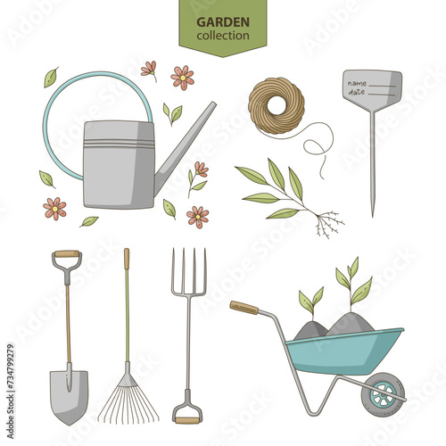 Collection of gardening objects, farm and agriculture concept. Garden tools, plants, supplies.
Set of colorful illustrations with dark outlines.