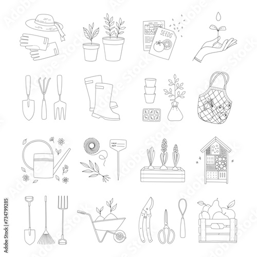 Collection of gardening objects, farm and agriculture concept. Garden tools, plants, supplies.
Set of outlines illustrations