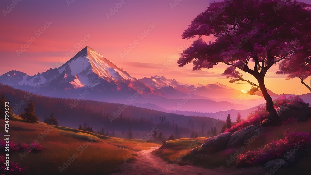 Background: Craft a Sunset Gradient Landscape blending warm tones for serenity. Subtle silhouettes of trees or mountains add depth to calm hues.