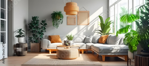 Interior of living room with green houseplants and sofas