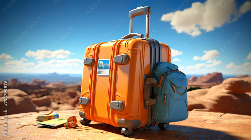 Vivid orange suitcase and backpack set against a desert landscape, symbolizing travel and adventure, with a map and camera suggesting a journey of exploration.Travel concept. AI generated. Vivid orange suitcase and backpack set against a desert landscape, symbolizing travel and adventure, with a map and camera suggesting a journey of exploration.Travel concept. AI generated.