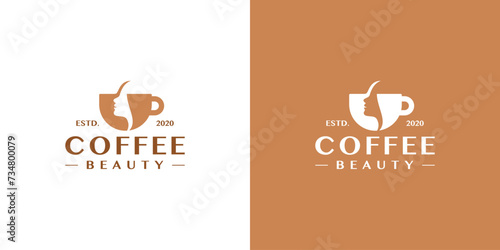 Creative Coffee Beauty Logo. Coffee Mug, Cup and Silhouette of Woman's Face with Minimalist Style. Coffee Shop Logo Icon Symbol Vector Design Template.