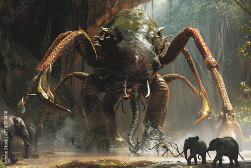 Huge scary insect-like giant monsters in nature by the elephants photo