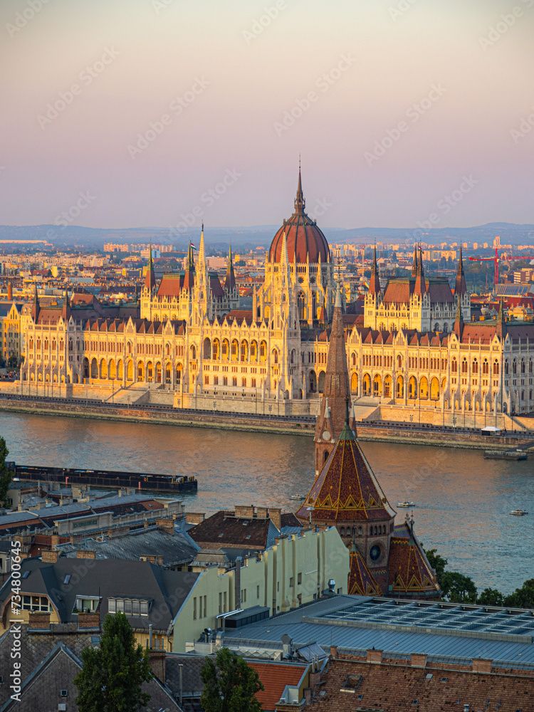 Sunset over the Hungarian Parliament in Budapest