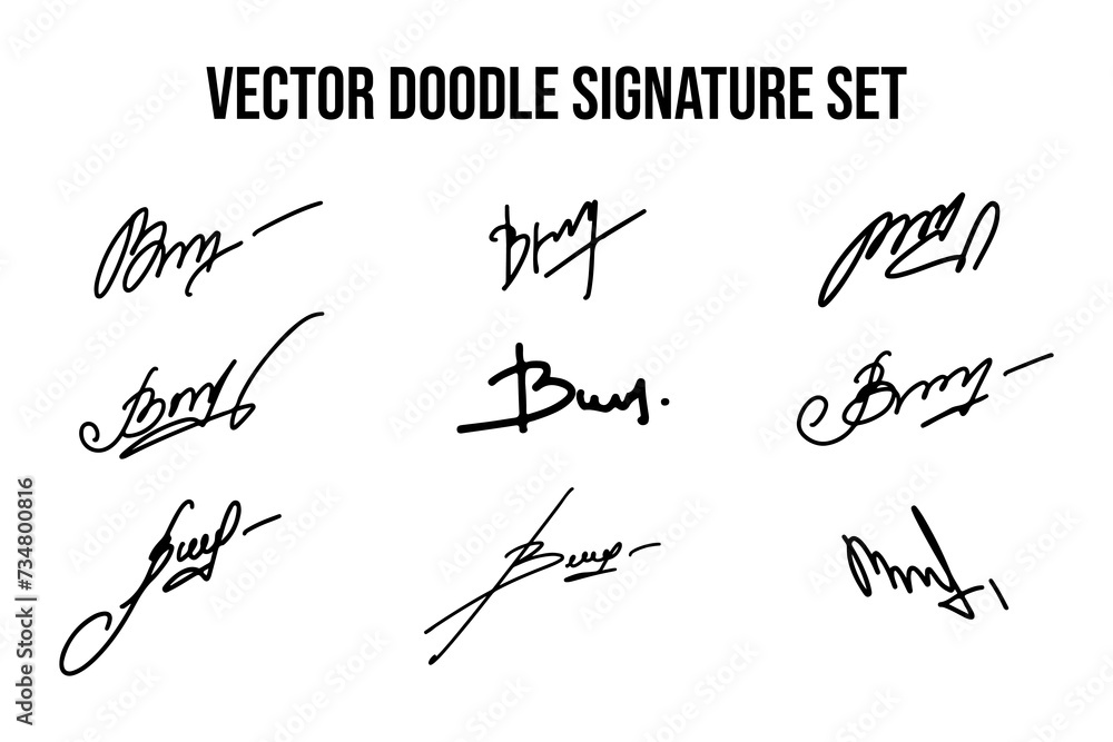 Set of unique fictitious handwritten autograph doodles. Fake signature collection on B letter. Scrawl lettering for business, signing of documents, certificates and contracts. - obrazy, fototapety, plakaty 
