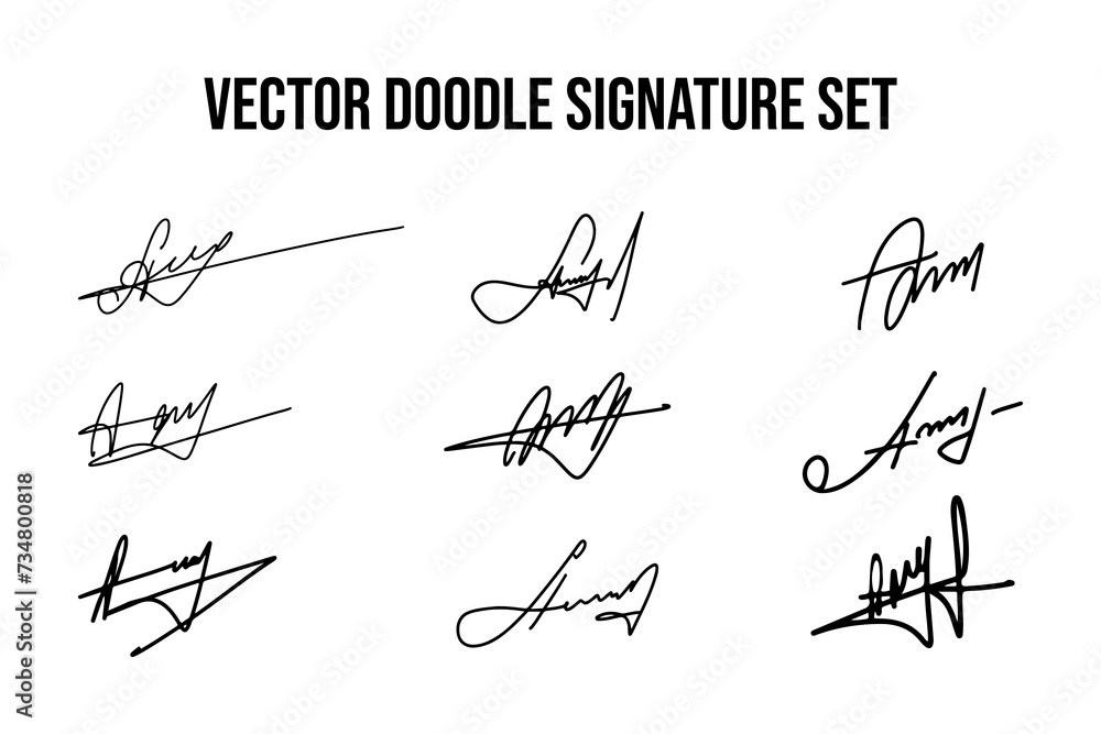 Set of unique fictitious handwritten autograph doodles. Fake signature collection on A letter. Scrawl lettering for business, signing of documents, certificates and contracts. Set of unique fictitious handwritten autograph doodles. Fake signature collection on A letter. Scrawl lettering for business, signing of documents, certificates and contracts.
