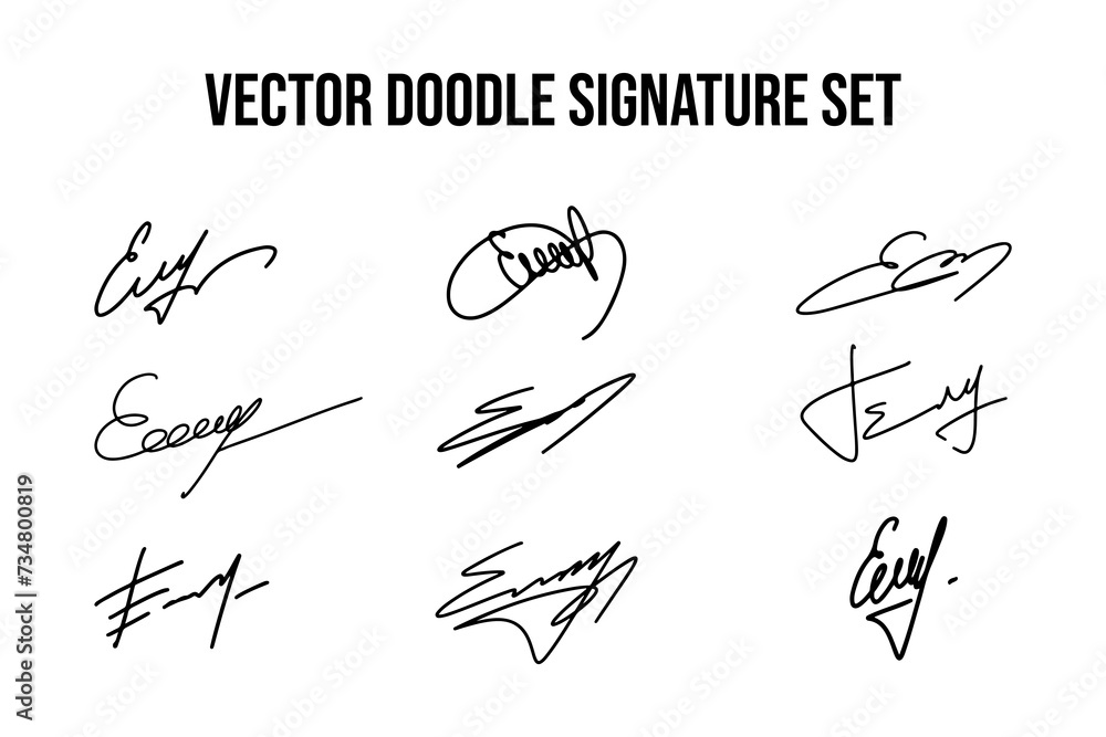 Handwritten signatures set. Collection of vector signatures fictitious autograph doodles on E letter. Business documentation lettering. - obrazy, fototapety, plakaty 
