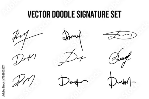 Set of unique fictitious handwritten autograph doodles. Fake signature collection on D letter. Scrawl lettering for business, signing of documents, certificates and contracts.