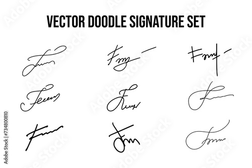 Handwritten signatures set. Collection of vector fictitious autograph doodles on F letter. Business documentation lettering.