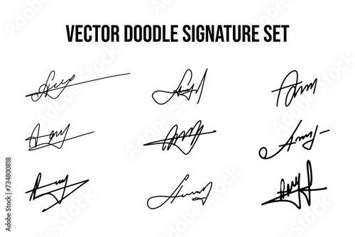 Set of unique fictitious handwritten autograph doodles. Fake signature collection on A letter. Scrawl lettering for business, signing of documents, certificates and contracts.
