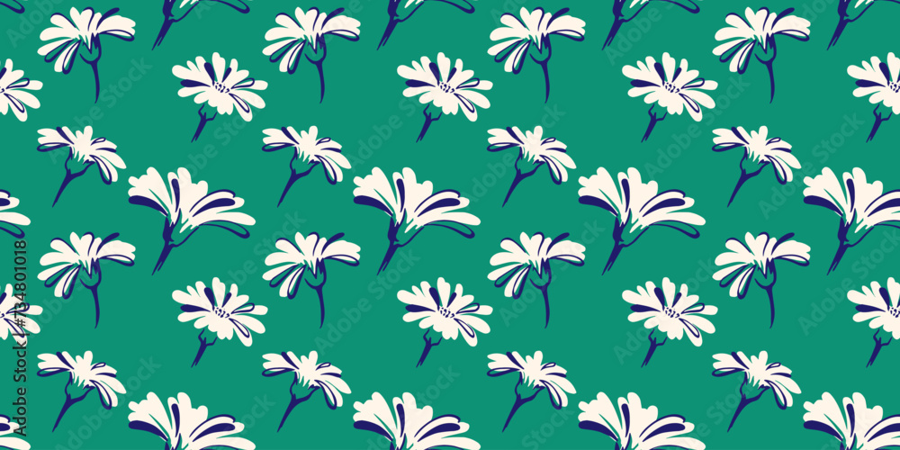 Green retro summer seamless pattern with creative simple shapes floral buds. Vector hand drawn sketch abstract ditsy flowers patterned. Collage for designs, printing