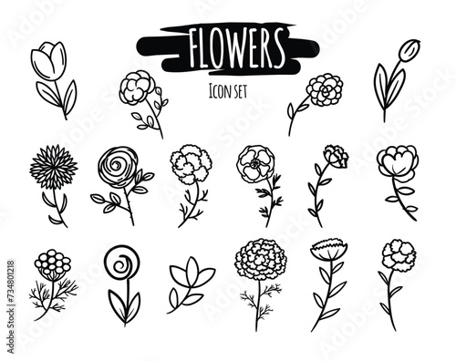 Vector hand drawn set of black on white icons for mobile applications and websites: flowers, rose, tulip and more.