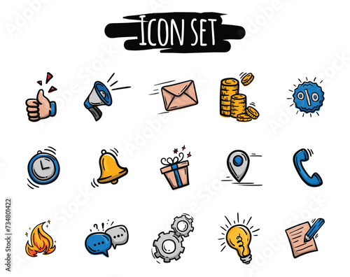 Vector hand drawn set of color icons for mobile applications and websites: promotions, sales, phone, settings and more.