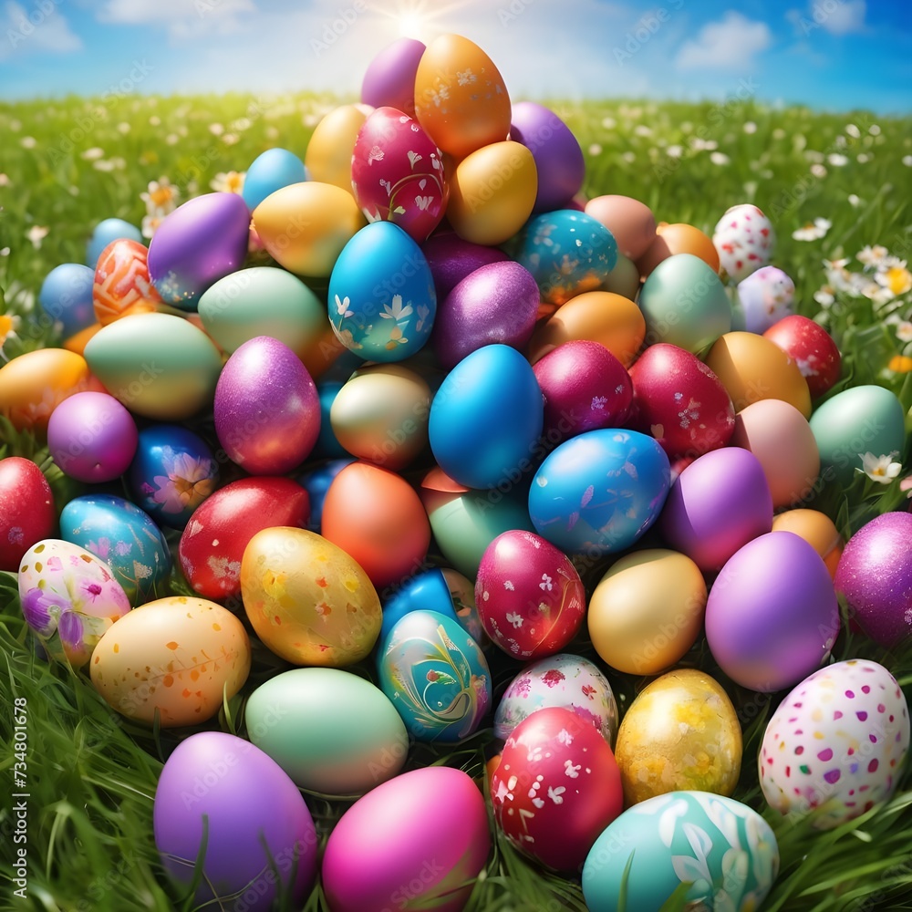 art Colourful Easter eggs decorated with flowers in the grass on art Colourful Easter eggs decorated with flowers in the grass on
