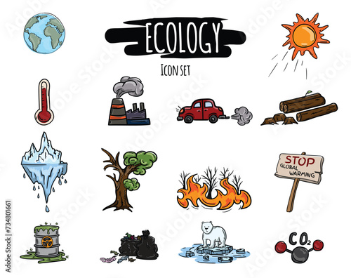 Vector hand drawn set of bright icons of ecology, global warming, climate change, toxic waste and deforestation.