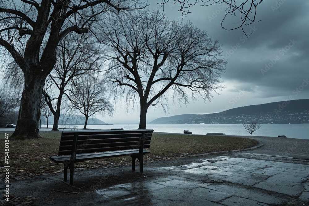 An empty park bench under a heavy overcast sky, symbolizing the weight of solitude and despair.