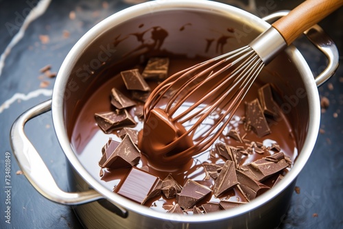 chocolate pieces melting in a pot with a whisk