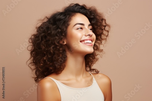 portrait of beautiful smiling caucasian woman with curly hair on beige background, natural makeup