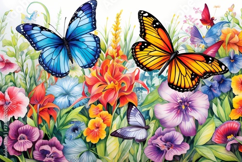 Vibrant butterflies fluttering around a blossoming garden, line drawing, no background, no detail, no color. © Creative