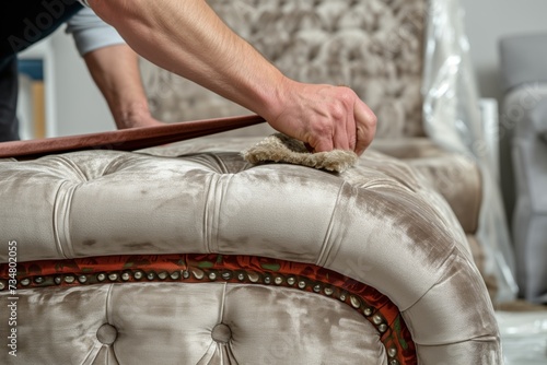 upholsterer carefully stretching velvet over a chaise lounge photo