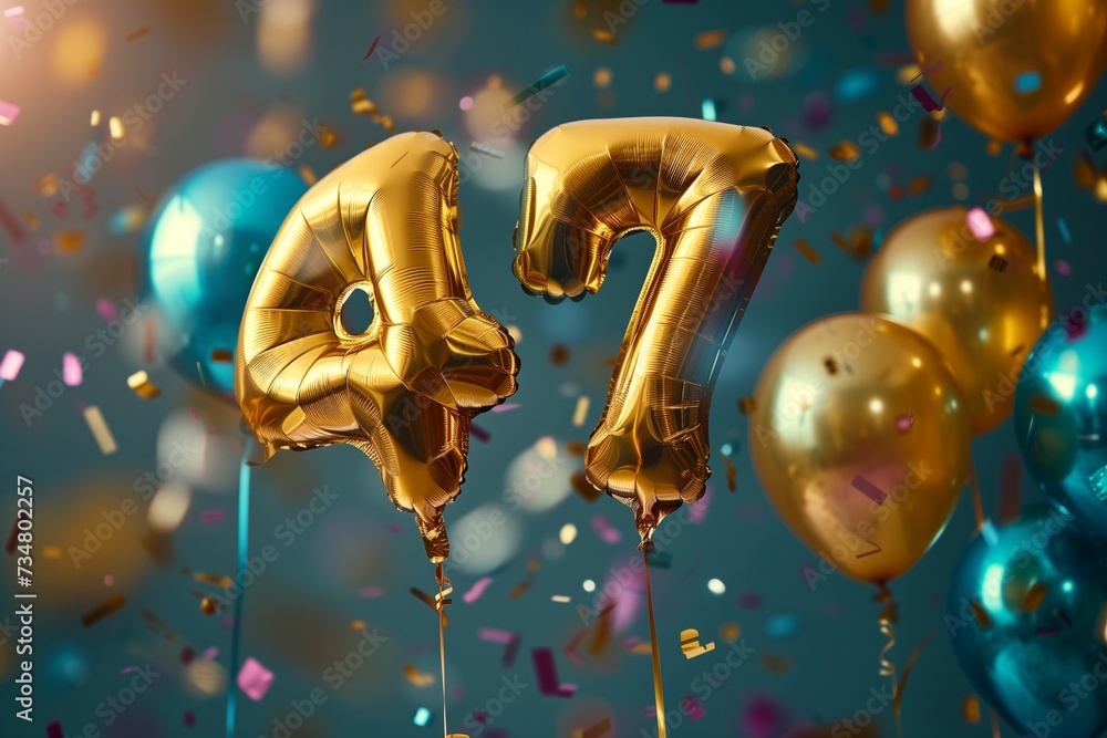 47. Geburtstag, "47" aus goldenen Heliumballons vor festlichem Hintergrund - obrazy, fototapety, plakaty 