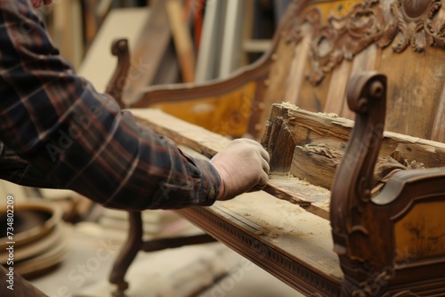craftsperson inspecting the frame of a settee for restoration
