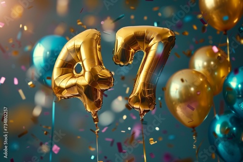 47. Geburtstag, "47" aus goldenen Heliumballons vor festlichem Hintergrund