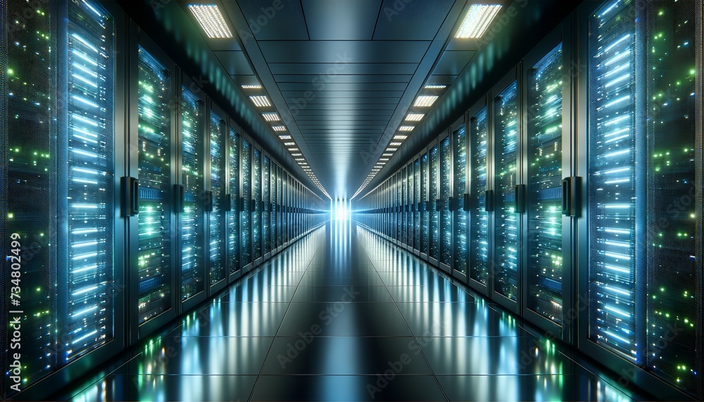 Futuristic Data Center Corridor with Glowing Server Racks and Cable Management Systems. Servers to support websites, applications AI systems and ecommerce Futuristic Data Center Corridor with Glowing Server Racks and Cable Management Systems. Servers to support websites, applications AI systems and ecommerce