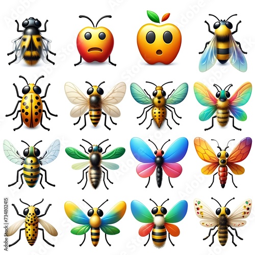 Exquisite Set of Insects Icons with Vibrantly Colored Wings, Highlighting Nature's Artistry in style of Emoji