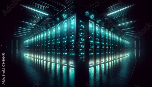 Cybernetic Server Room with Illuminated Blue Data Racks in a High-Tech Facility