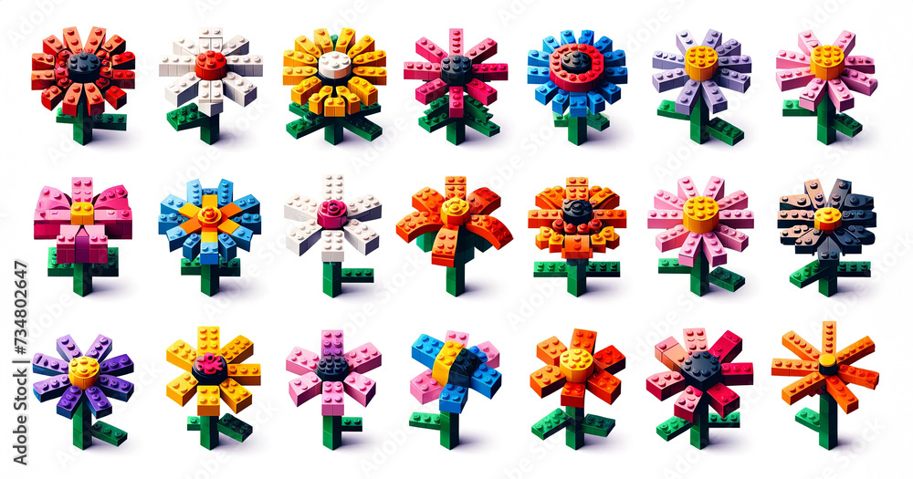 Set of icons, each designed in a Lego style, representing diverse bouquets of flowers, presented on white background. Bouquets with Colorful Bricks Offer a Unique Spin on Floral Arrangements.