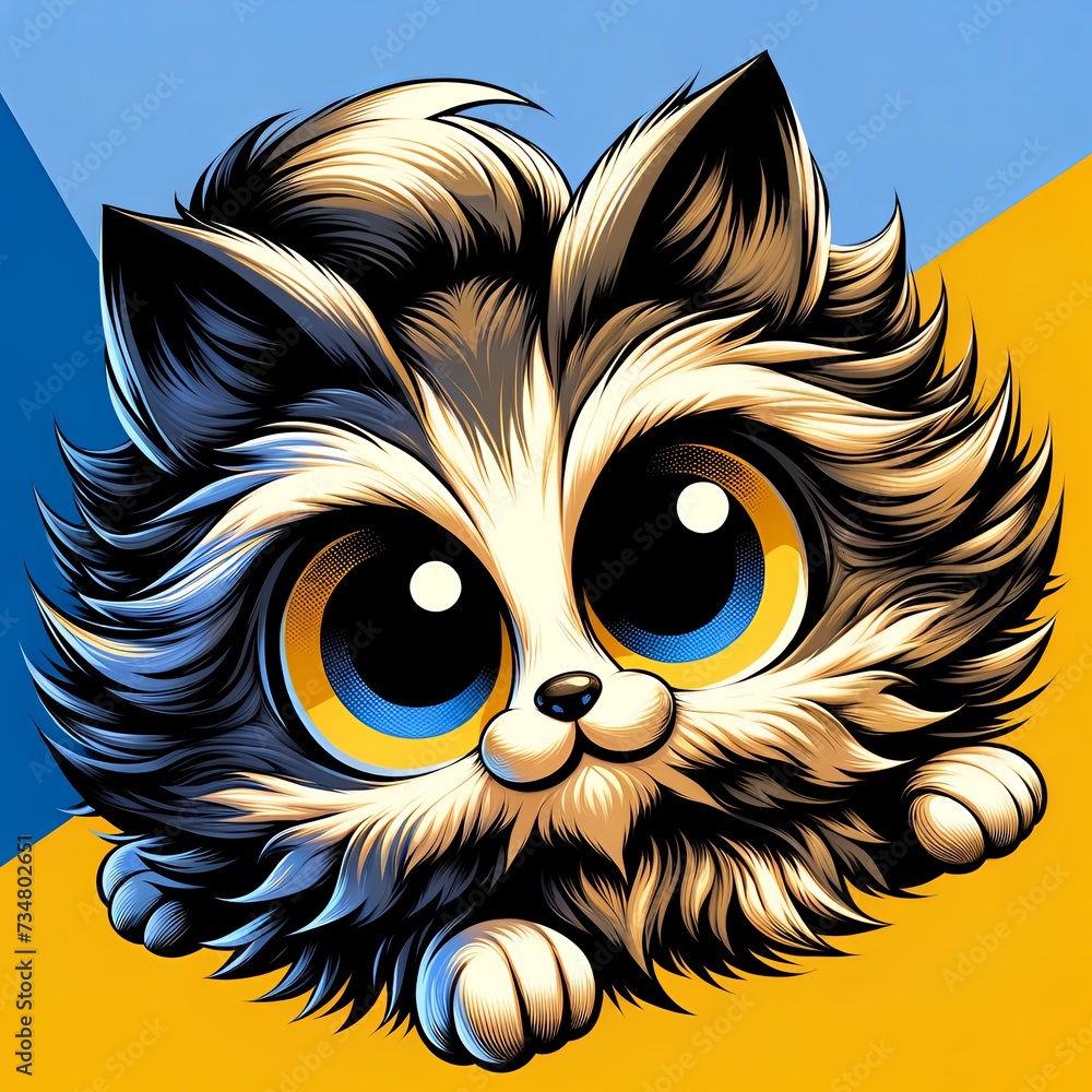 Adorable Cartoon Cat or Fox with Big Sparkling Eyes, Anime style on a Vibrant Background. Cute and funny