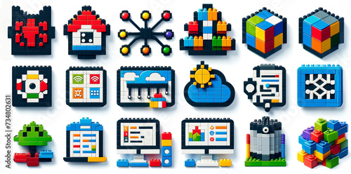 Intricately Designed LEGO Programming Icons Depict Diverse Tech Concepts and Digital Operations in Vivid Blocks. Set of programmer icons, each meticulously designed from Lego blocks.